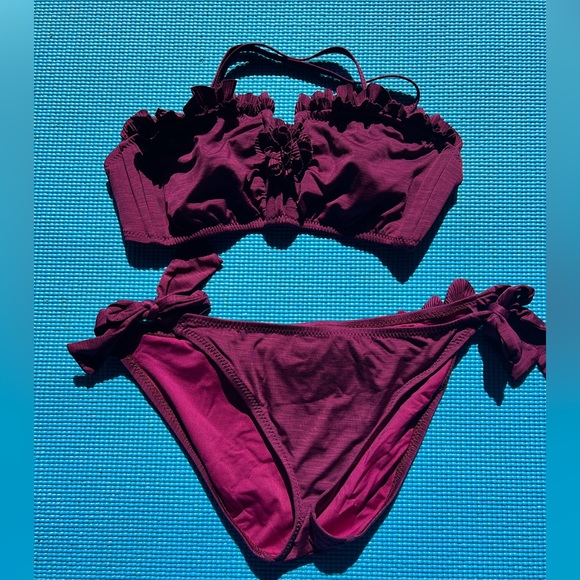 Betsey Johnson Vintage Bikini Two Piece Ruffled Swimwear Maroon - Picture 2 of 4